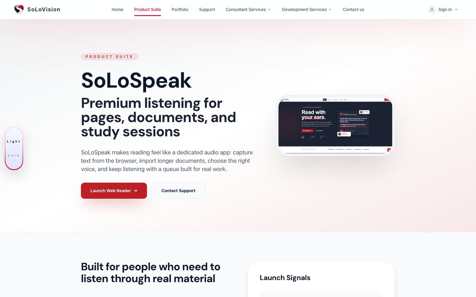 SoLoSpeak landing page screenshot